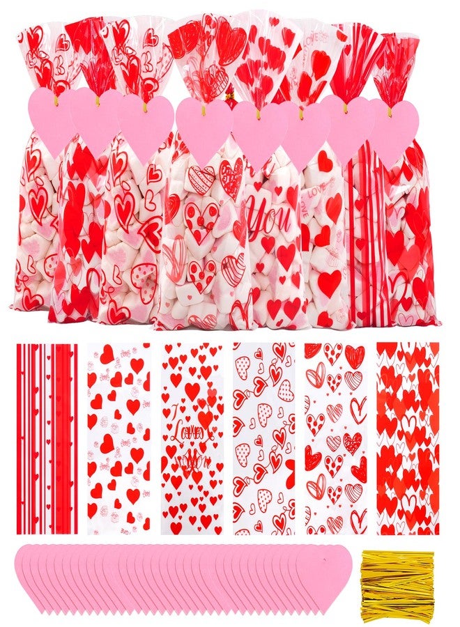 Bskifnn 120PCS Valentines Treat Bags with Twist Ties and 50PCS Heart Gift Tags Candy Cookie Goodies Gift Bag 6 Styles Valentine Cellophane Treat Bags for Birthday Valentine's Day Mother's Day Party Decorations - Image 1
